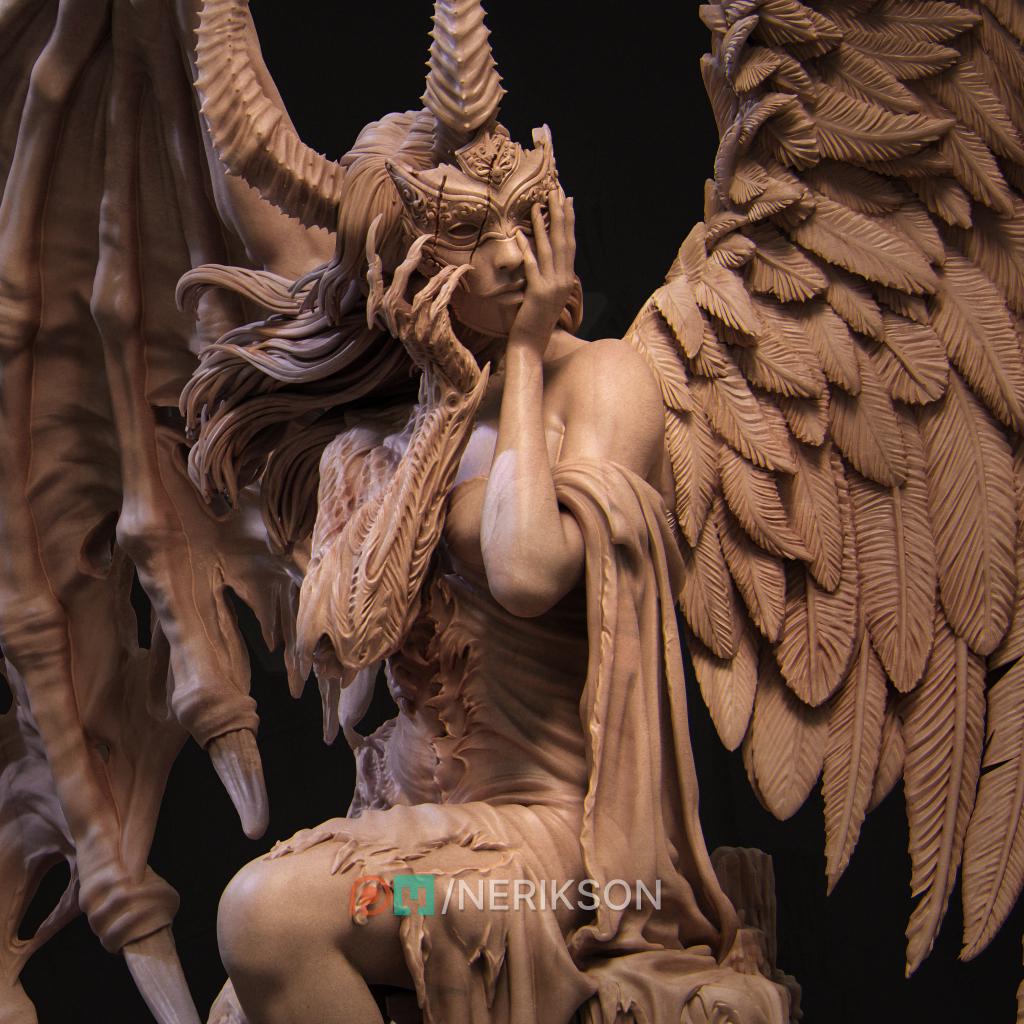 a detailed sculpture of a winged female figure with intricate details and a flowing, ethereal appearance.