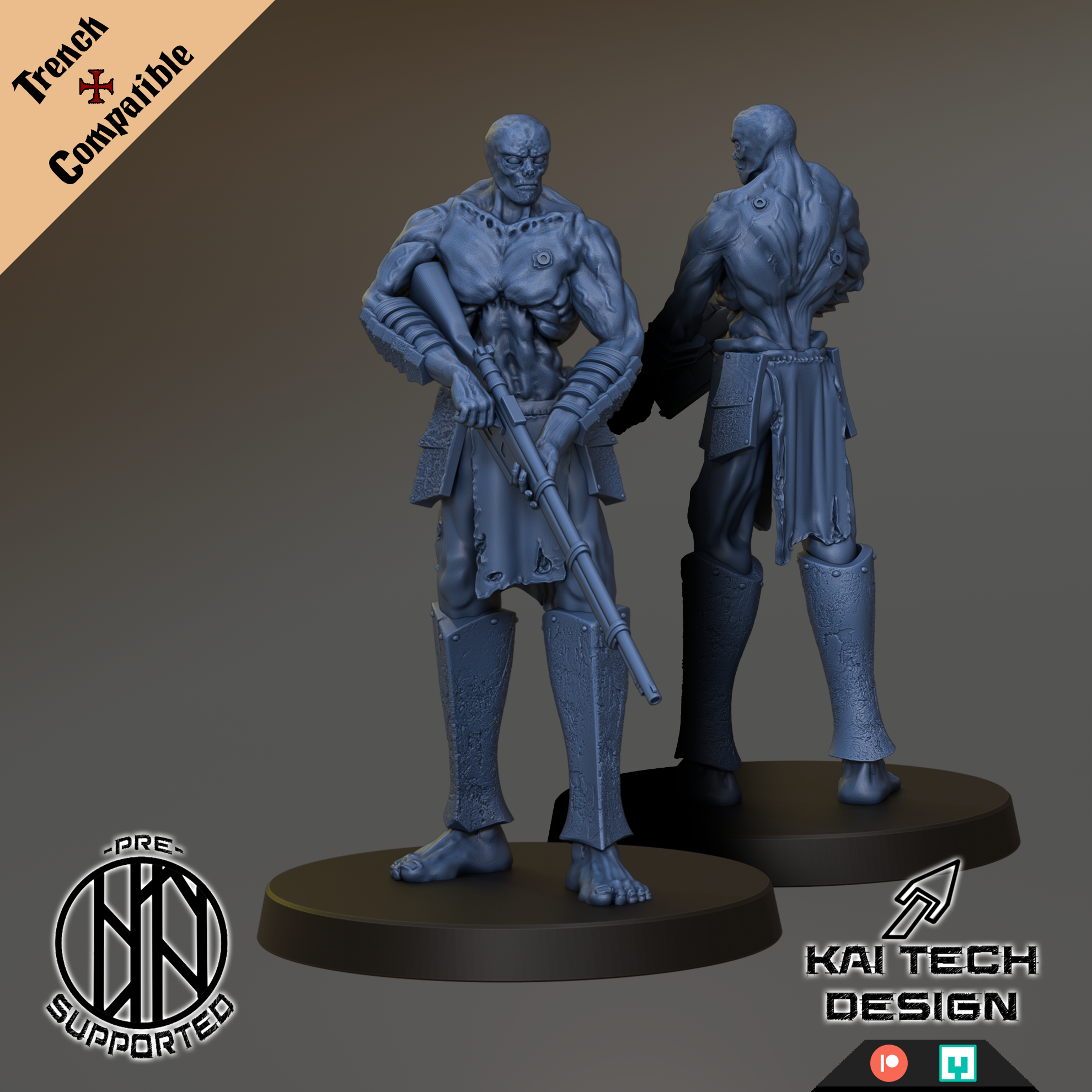 two blue-colored, muscular figures standing on platforms, one of which is labeled "KaiTech Design".