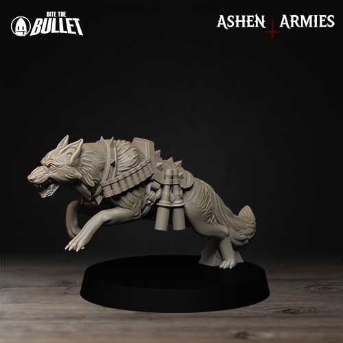 A detailed model of a wolf-like creature with sharp teeth and claws, standing on a black base against a dark background.