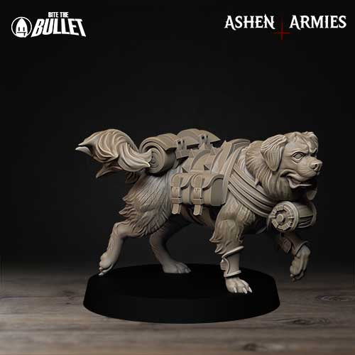 A detailed sculpture of a dog, possibly a wolf or a similar canine creature, with intricate details and a dynamic pose.