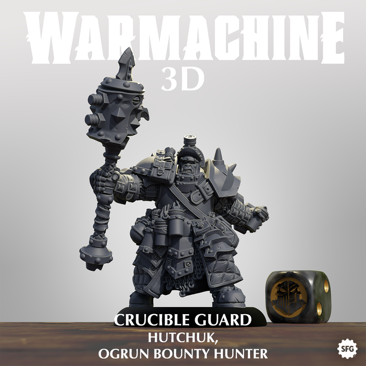a crucible guard figurine from the game "War Machine 3D", along with a dice and a shield.