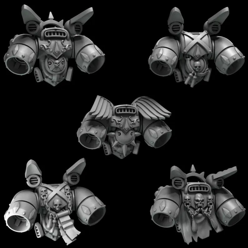 five different views of futuristic-looking armor pieces, likely from a science fiction or fantasy setting. The armor pieces have various designs and features, such as wings, spikes, and other mechanical elements, giving them a futuristic appearance.