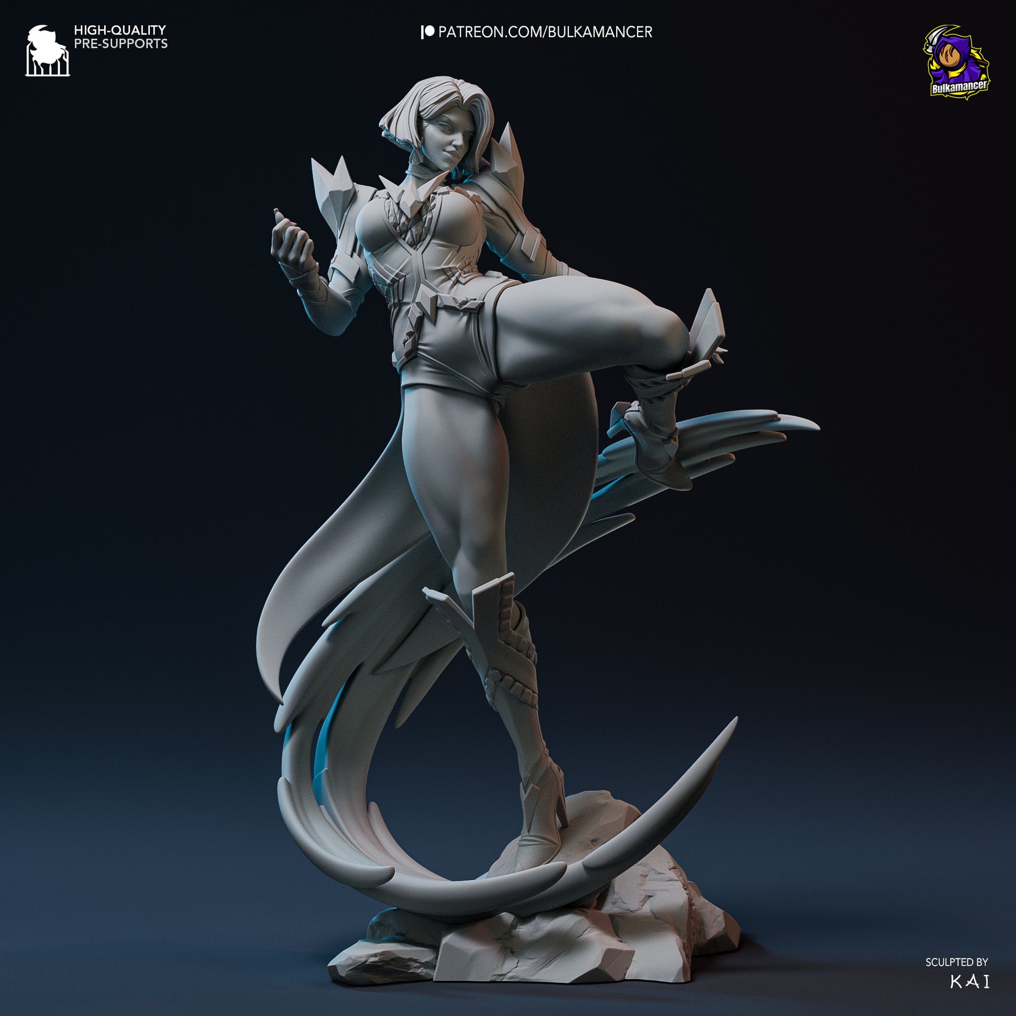 A 3D rendering of a female character with a fierce expression, standing on a rock formation and holding a weapon.