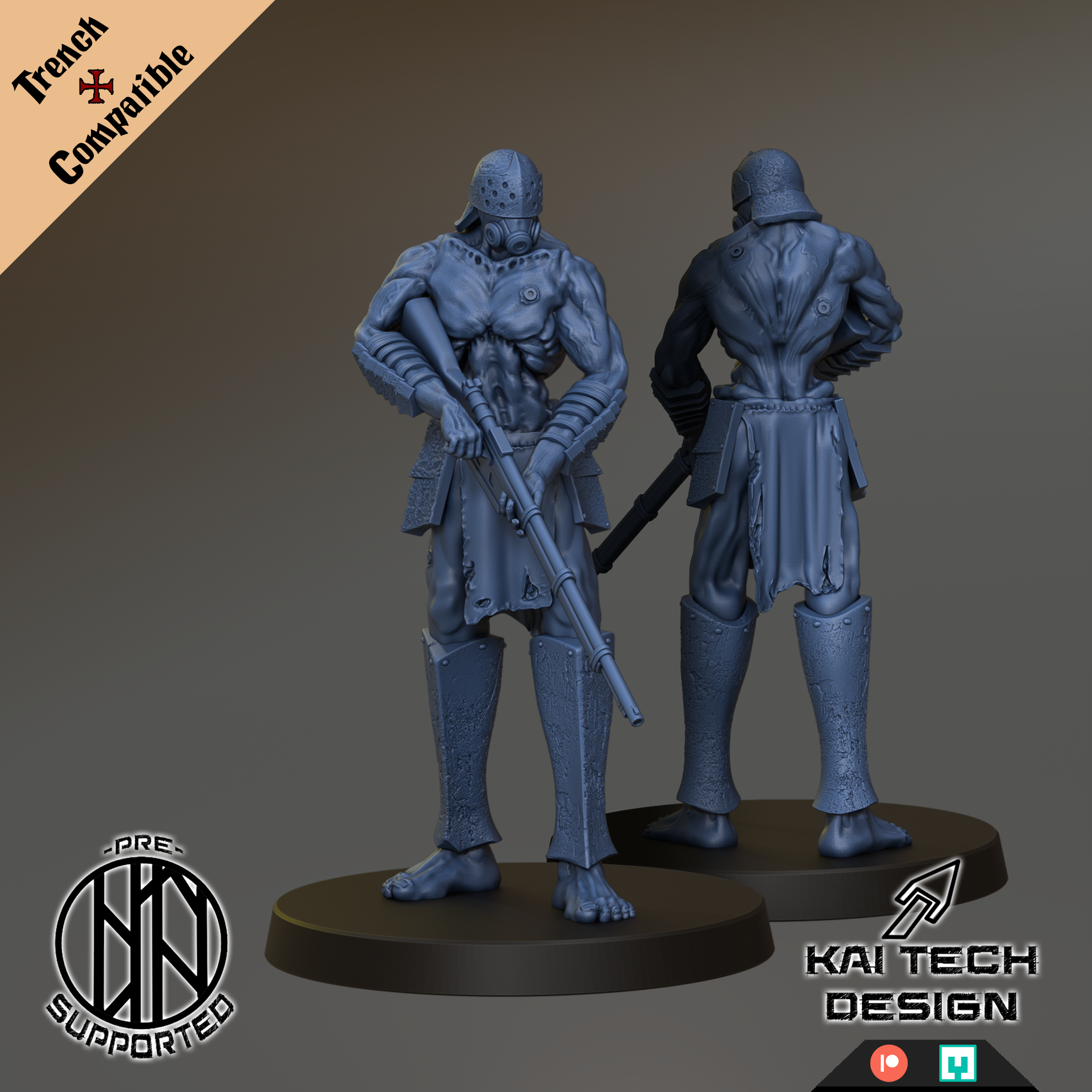 two blue-colored, muscular figures holding weapons, standing on a platform.