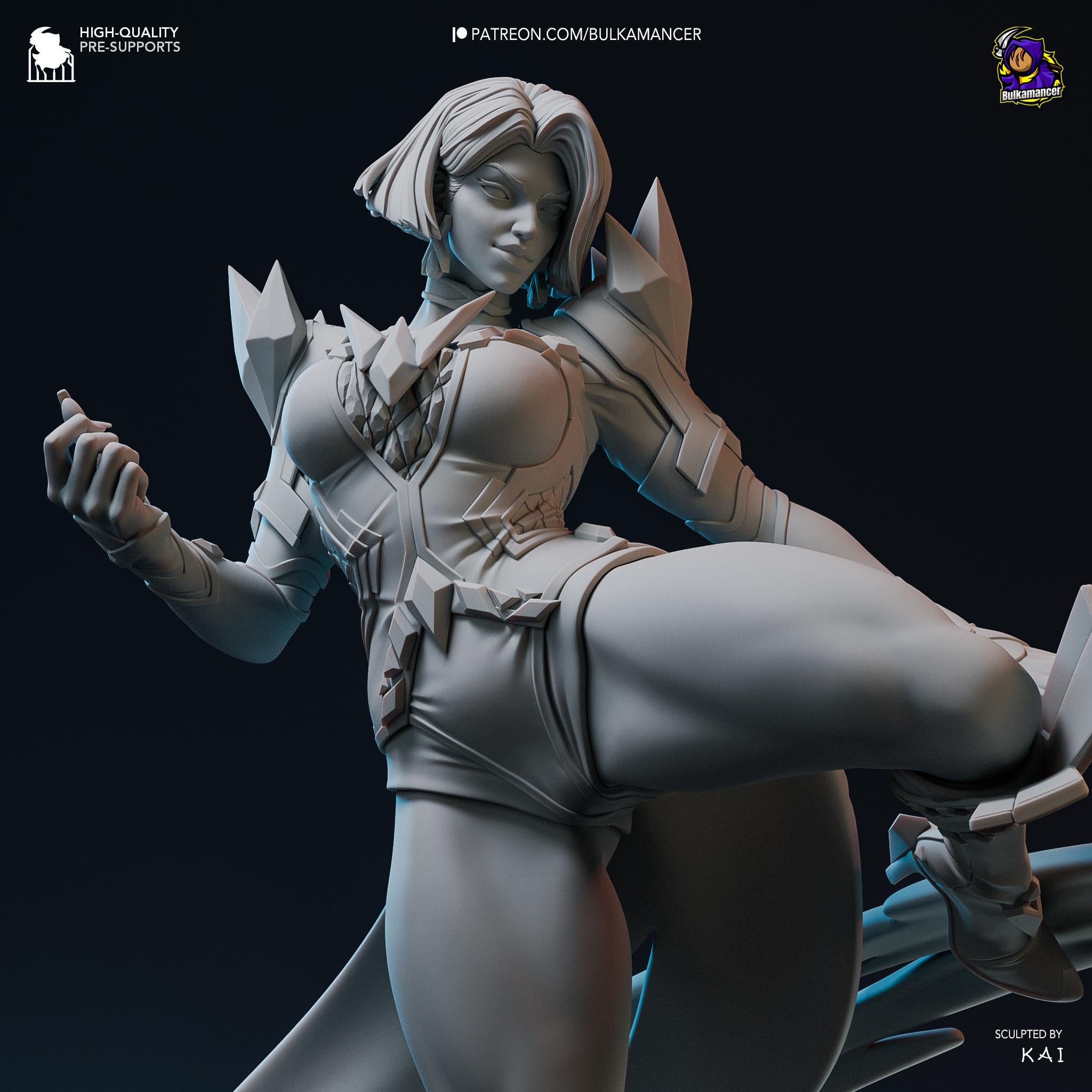 A 3D rendering of a female character with a futuristic, angular design. The character appears to be a female warrior or warrior-like figure, with a distinctive hairstyle and a muscular build. The character is shown in a dynamic pose, with one leg raised and the other bent at the knee. The background is dark, which emphasizes the character and her form.