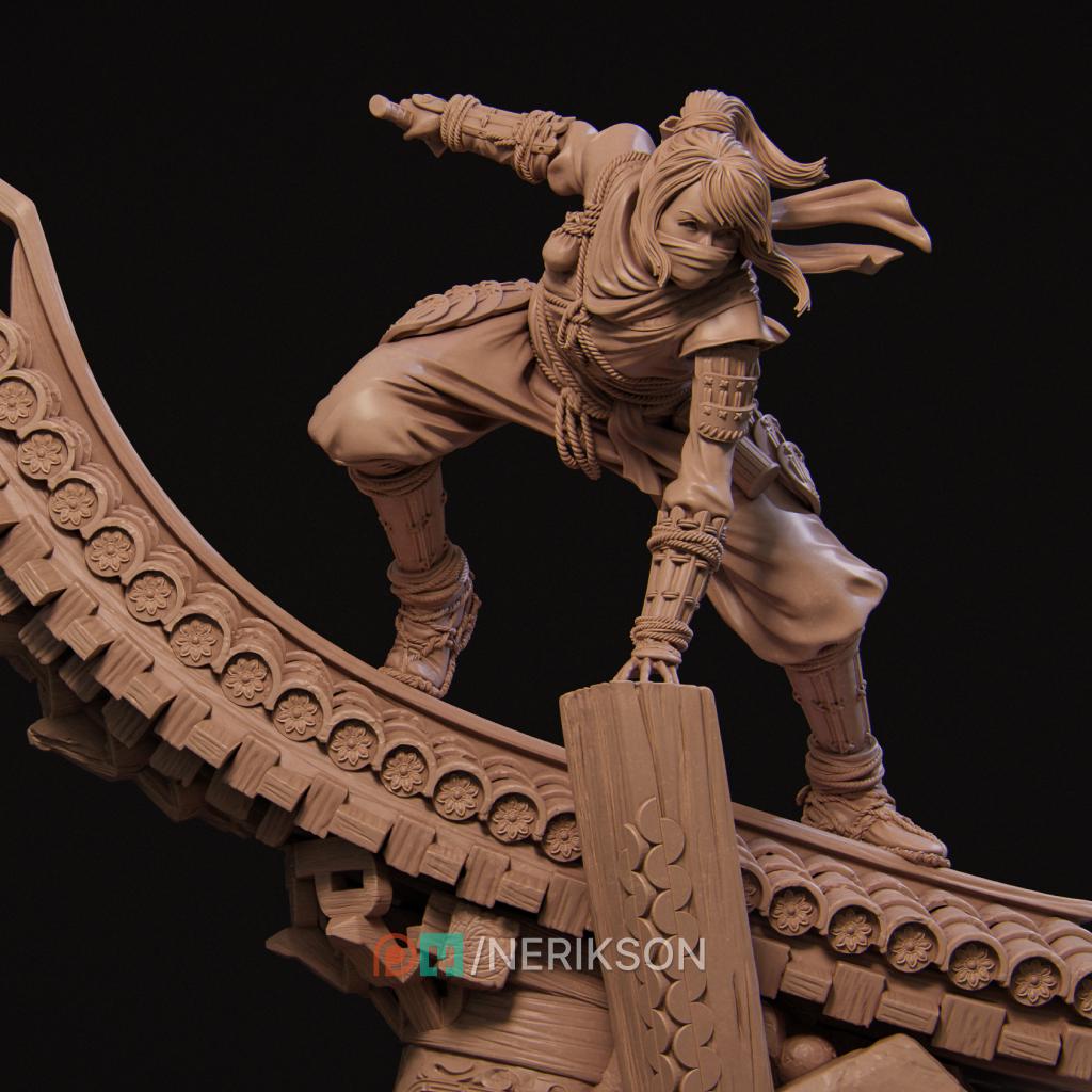 Shizuka Rooftop Ninja | 3D Printed Resin Miniature Statue | 75mm & 140mm Unpainted Figure | Nerikson