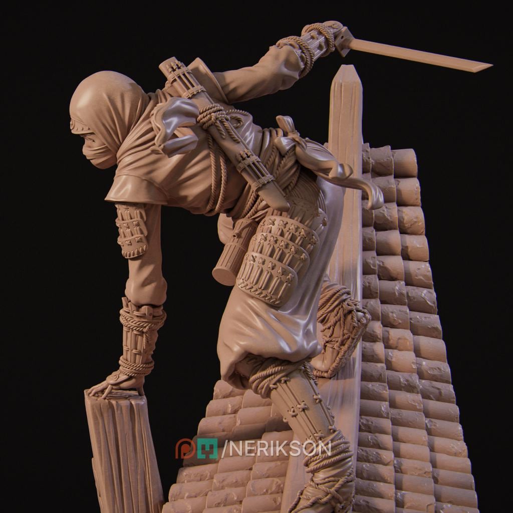 Shizuka Rooftop Ninja | 3D Printed Resin Miniature Statue | 75mm & 140mm Unpainted Figure | Nerikson