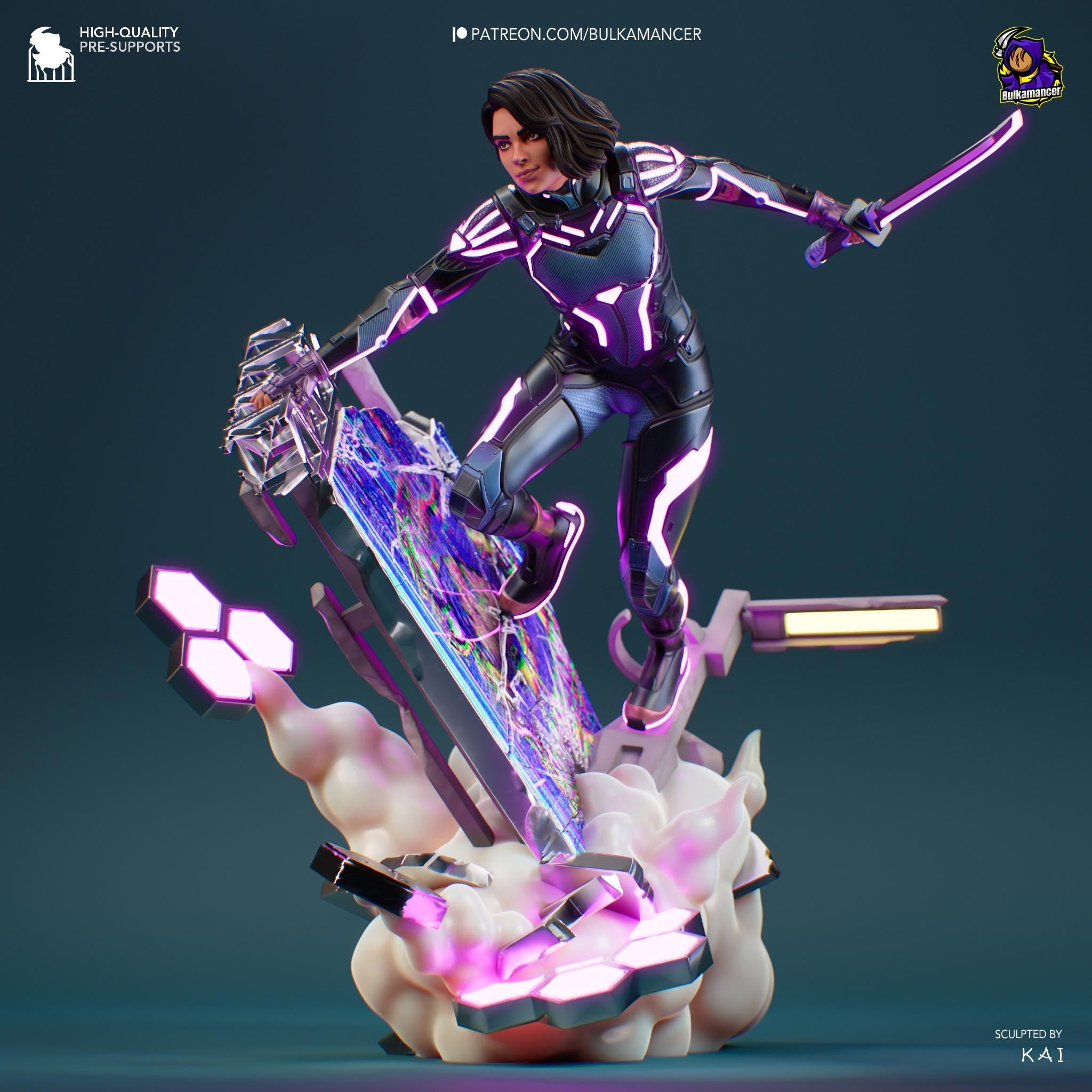 a woman in a futuristic suit riding a snowboard