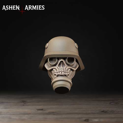 A skull wearing a gas mask is shown against a dark background.