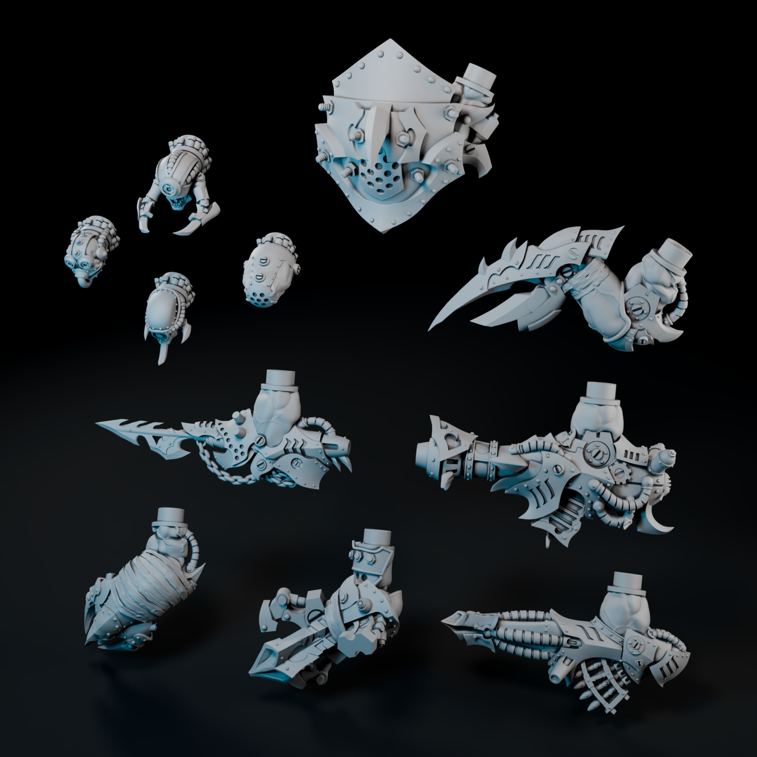 a collection of futuristic-looking, mechanical or robotic-like objects, including various weapons, armor pieces, and other futuristic-looking items.