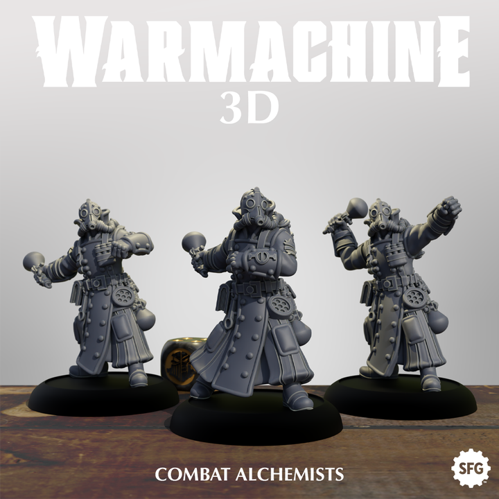 three figurines of combat alchemists, each with unique poses and accessories, arranged on a wooden surface.