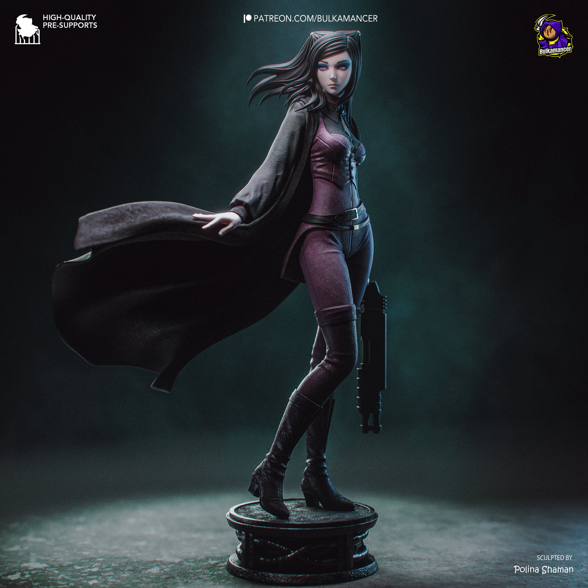 A female character in a dark outfit, holding a weapon, stands in a dramatic pose against a dark background.