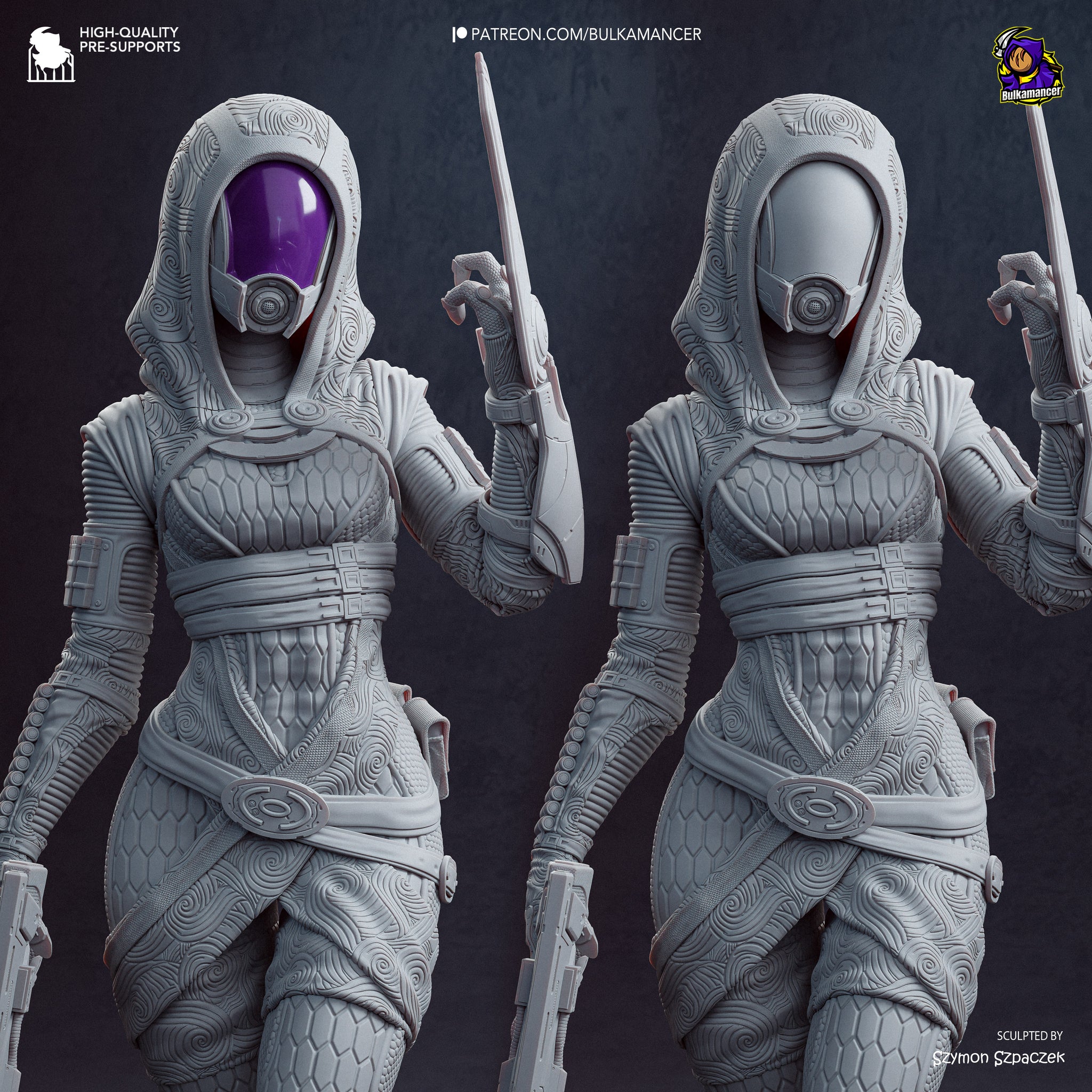 two detailed 3D models of futuristic female characters, each wearing a unique and intricate costume.