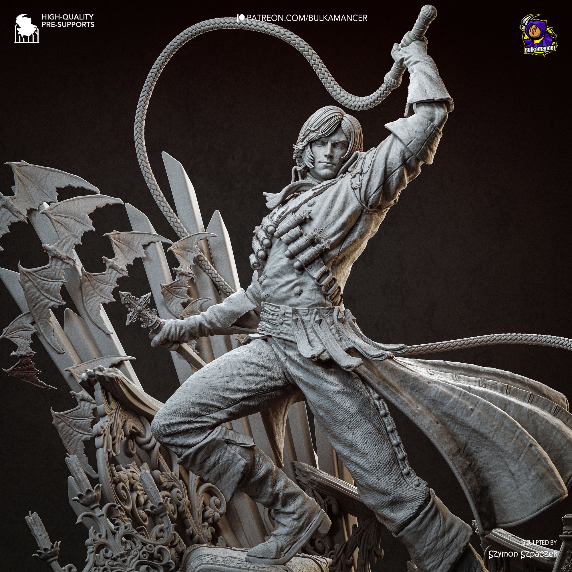 A detailed 3D rendering of a character wielding a whip and surrounded by bats, with intricate details and a dark background.