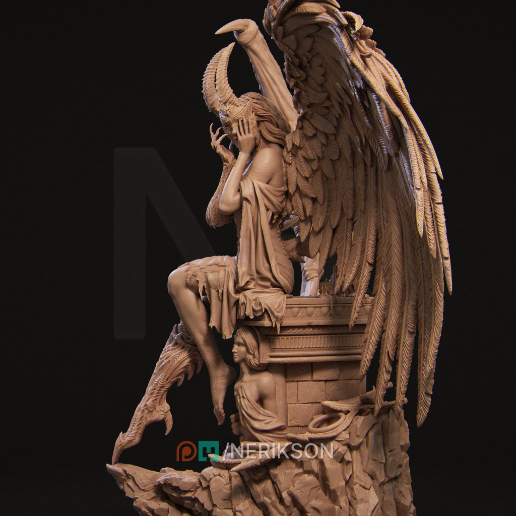 a detailed sculpture of a winged figure with intricate details and a dark background.