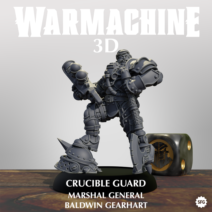 a 3D model of a crucible guard, a type of armored warrior, standing on a platform.