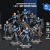 A group of blue-armored soldiers in tactical gear, representing the "Law Enforcement and Outlaws" riot control squad.