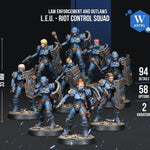 A group of blue-armored soldiers in tactical gear, representing the "Law Enforcement and Outlaws" riot control squad.