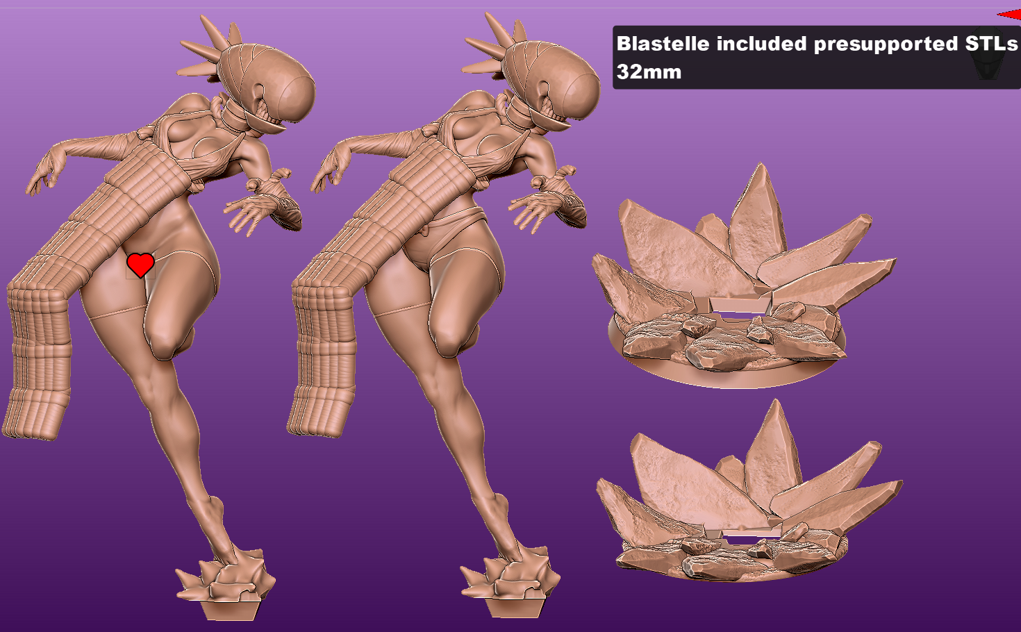 The image is a 3D rendering of a female character with a large head and a heart-shaped object on her chest. The character appears to be a female figure with a unique design, possibly from a video game or animated film.