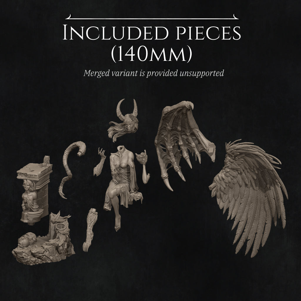 various pieces of a statue, including wings, a head, and other sculptural elements, presented in a black and white style.