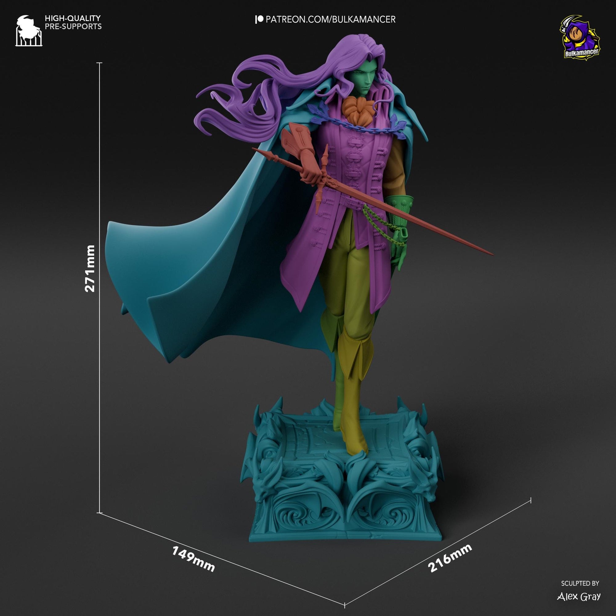 a figurine of a woman with purple hair and a blue cape