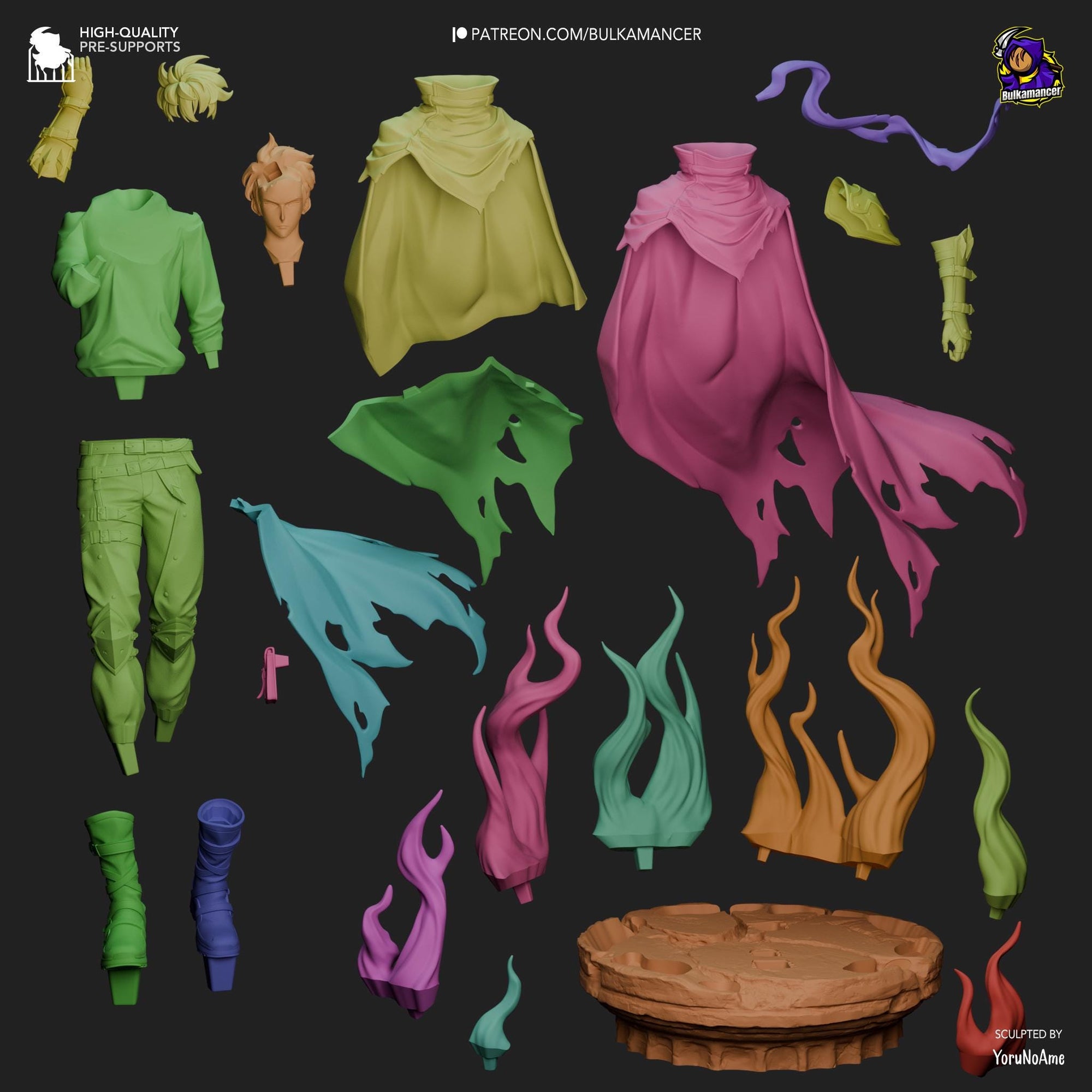 a bunch of different colored items on a black background