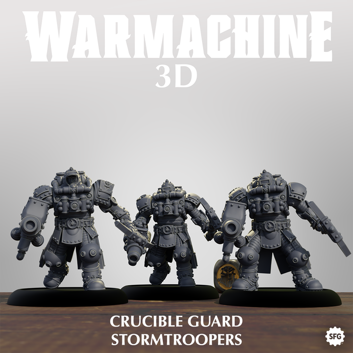 three figurines of Crucible Guard Stormtroopers, arranged in a row and displayed against a plain background.