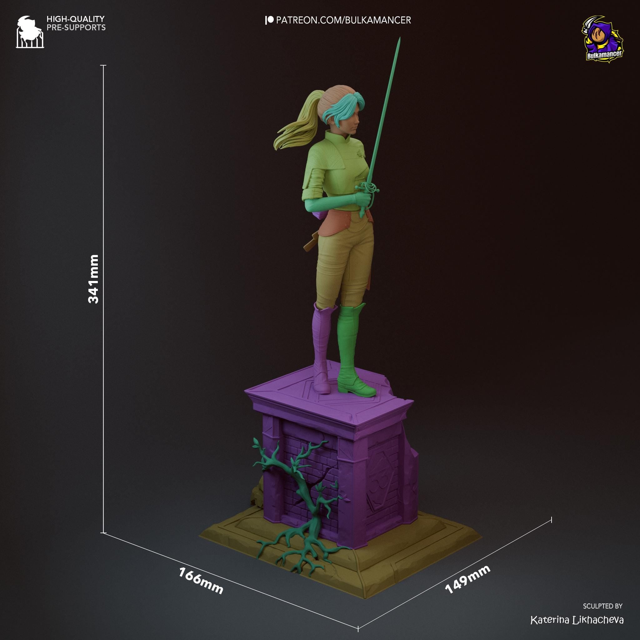 a statue of a woman standing on top of a purple box