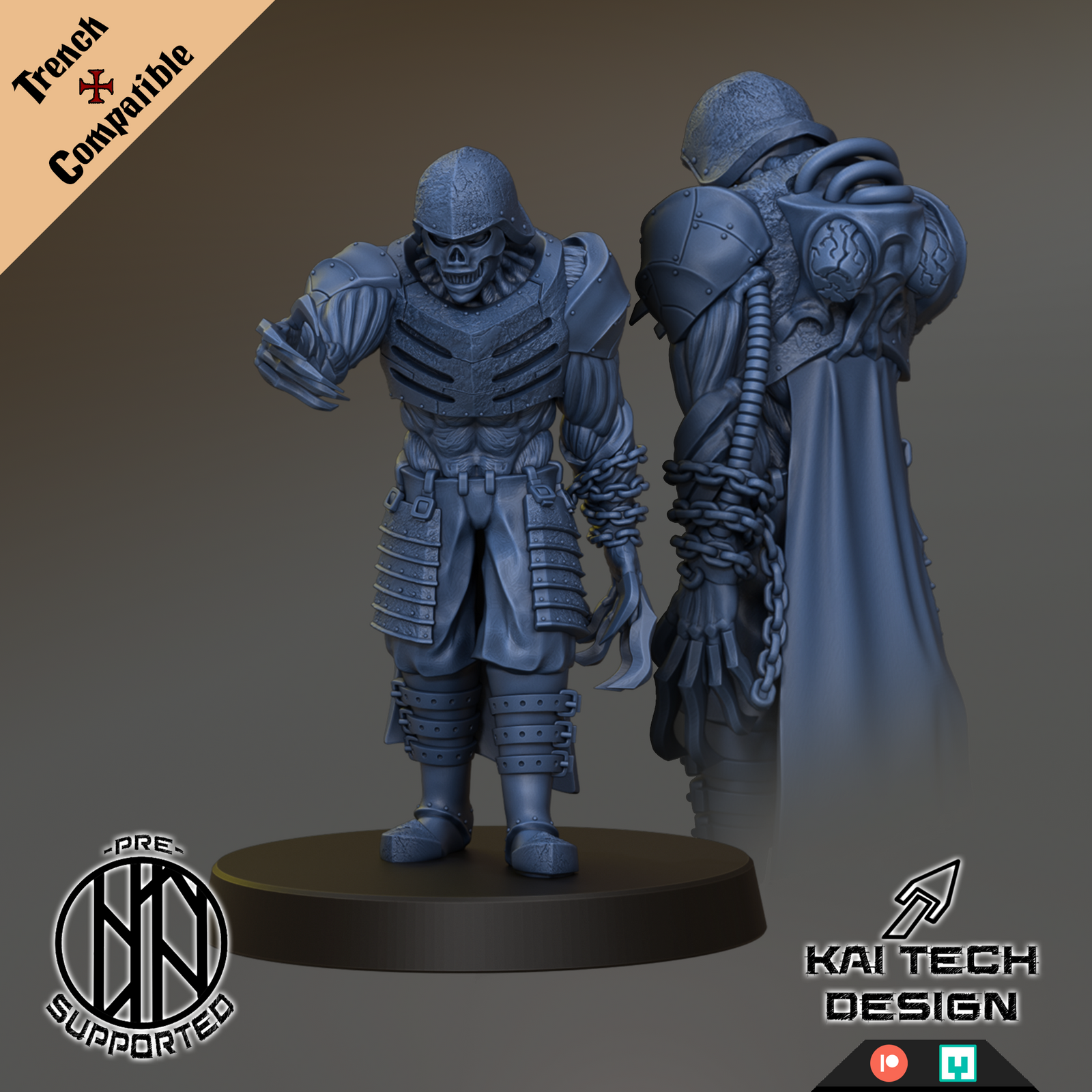 a 3D rendering of a character with a skull-like face, wearing a helmet and armor-like clothing. The character appears to be a warrior or knight, with a chain around their neck. The image is described as a "pre-owned" item, and it is supported by "KaiTech Design".