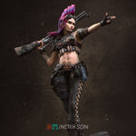 A female character with a punk rock aesthetic, wearing a leather outfit, holding a gun, and pointing with one hand.