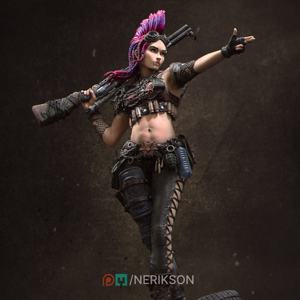 A female character with a punk rock aesthetic, wearing a leather outfit, holding a gun, and pointing with one hand.