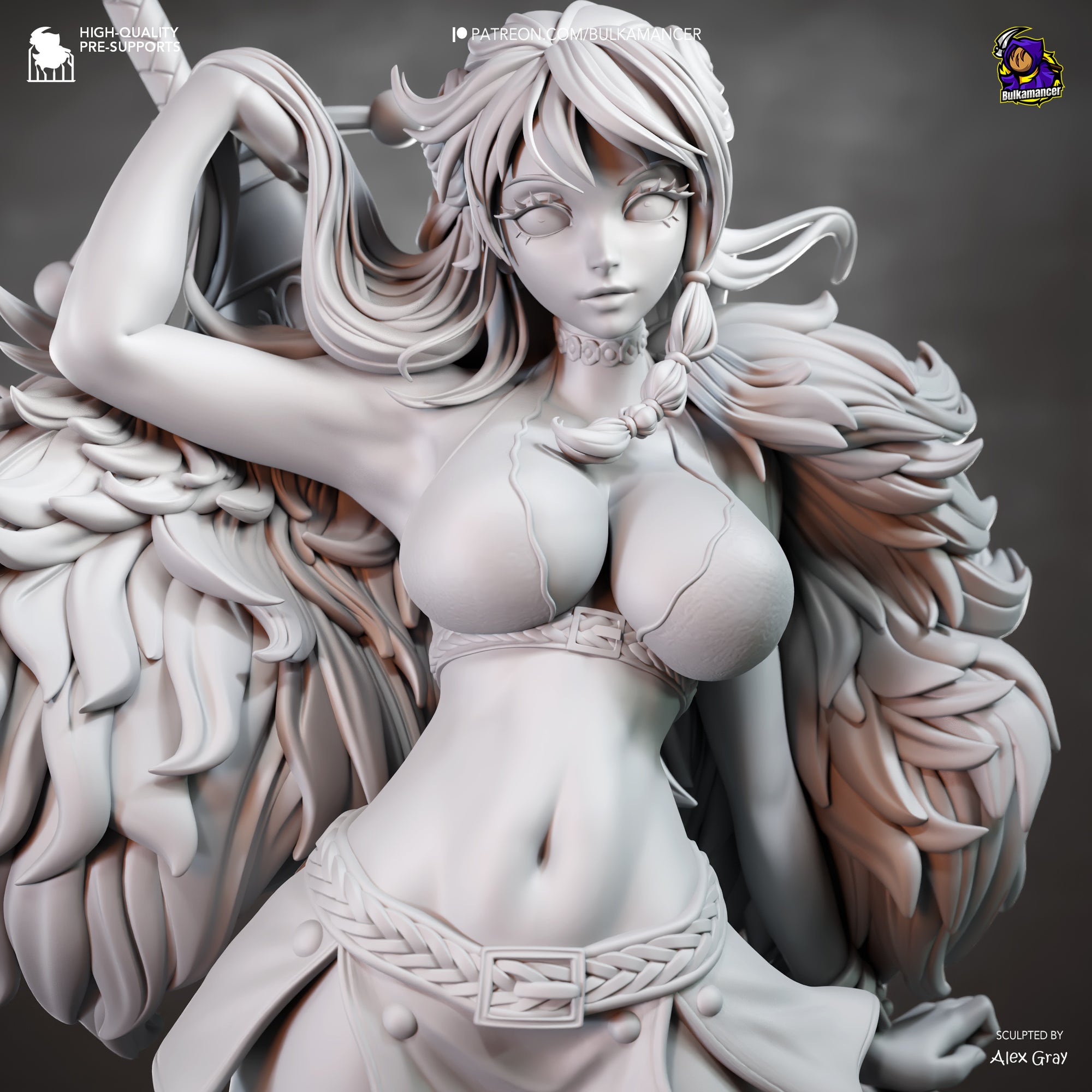 A detailed, realistic sculpture of a female character with long, flowing hair and a large, feathered headdress. The sculpture appears to be a highly stylized representation of a woman, with intricate details and a sense of movement.