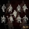 nine detailed figurines of armored knights, each with unique weapons and attire, arranged in a grid-like pattern against a dark background.