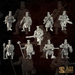 nine detailed figurines of armored knights, each with unique weapons and attire, arranged in a grid-like pattern against a dark background.