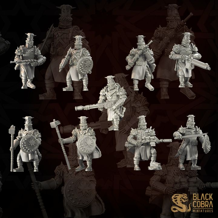 nine detailed figurines of armored knights, each with unique weapons and attire, arranged in a grid-like pattern against a dark background.