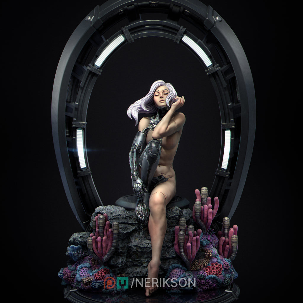 A nude female figure with long hair is depicted in a futuristic, space-themed setting, surrounded by various technological elements and marine life.