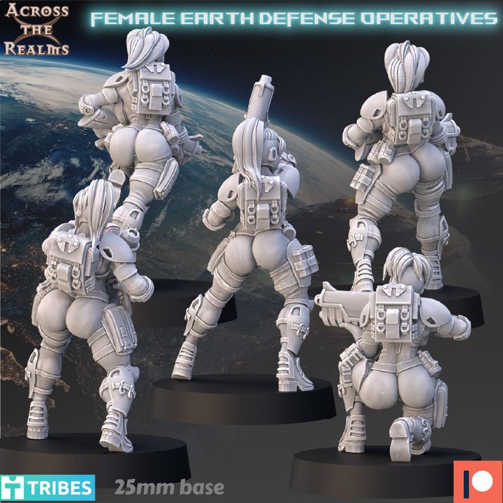 The image is a collage of five female action figures from the video game "Tribes: Female Earth Defense Operatives". The figures are posed in various stances, showcasing their combat readiness and strength. The base of the figures is 25mm in size, providing a sturdy foundation for the action figures.