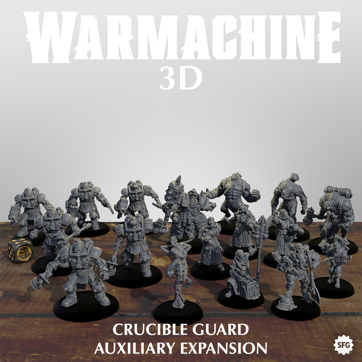 The image is a collection of various figurines, including a Crucible Guard, arranged on a wooden surface. The figurines are in different poses and sizes, creating a dynamic and visually interesting composition. The text "WARMACHINE 3D" is prominently displayed, indicating that this is a 3D model of the figurines. The figurines are described as "CRUCIBLE GUARD" and "AUXILIARY EXPANSION", suggesting that they are part of a larger collection or expansion of the "WARMACHINE" series.