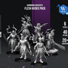 a group of six fantasy warrior figures, each with unique weapons and armor, arranged in a row against a dark background.