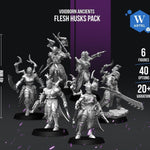 a group of six fantasy warrior figures, each with unique weapons and armor, arranged in a row against a dark background.