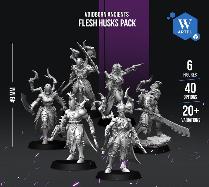 a group of six fantasy warrior figures, each with unique weapons and armor, arranged in a row against a dark background.