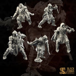 five detailed 3D models of medieval-style armored knights, each in a different pose and action.