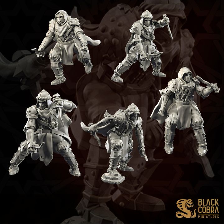 five detailed 3D models of medieval-style armored knights, each in a different pose and action.