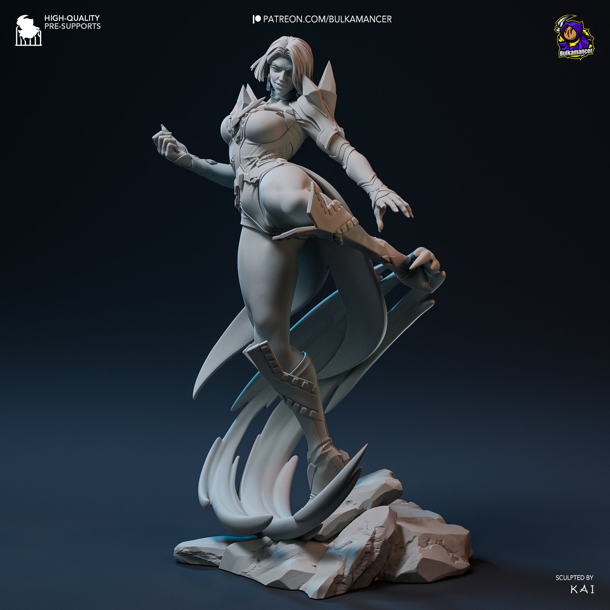 A 3D rendering of a female character with a dynamic pose, standing on a rocky base and holding a weapon.