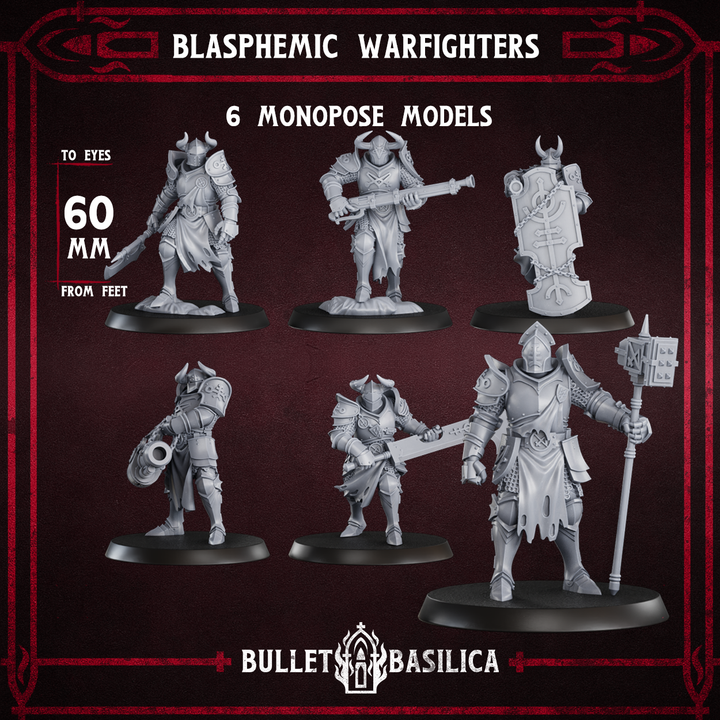 The image is a collection of six monopose models of warfighters, each with unique poses and weapons, presented in a dark background.
