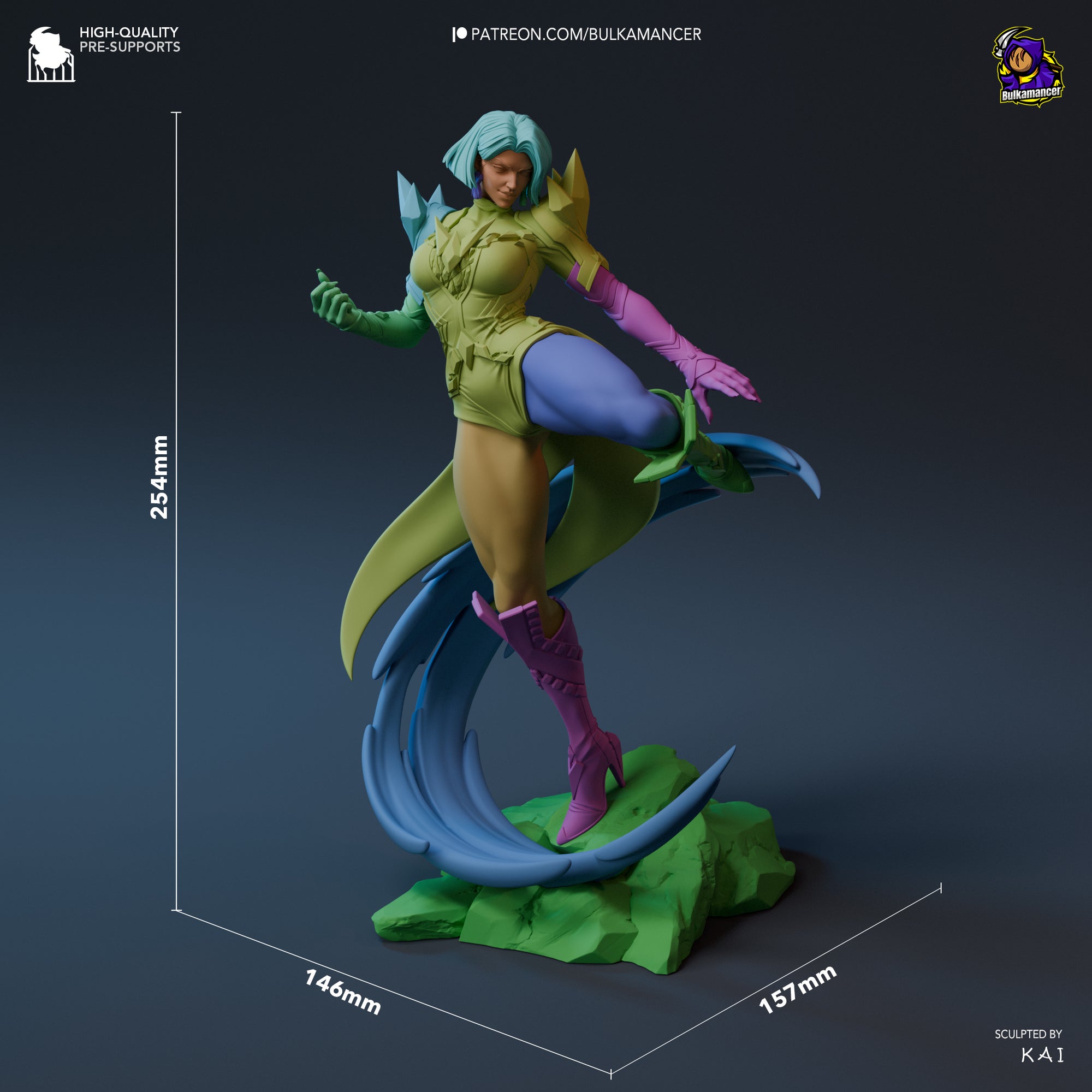 A 3D model of a female character in a colorful outfit, standing on a rock formation and holding a weapon.