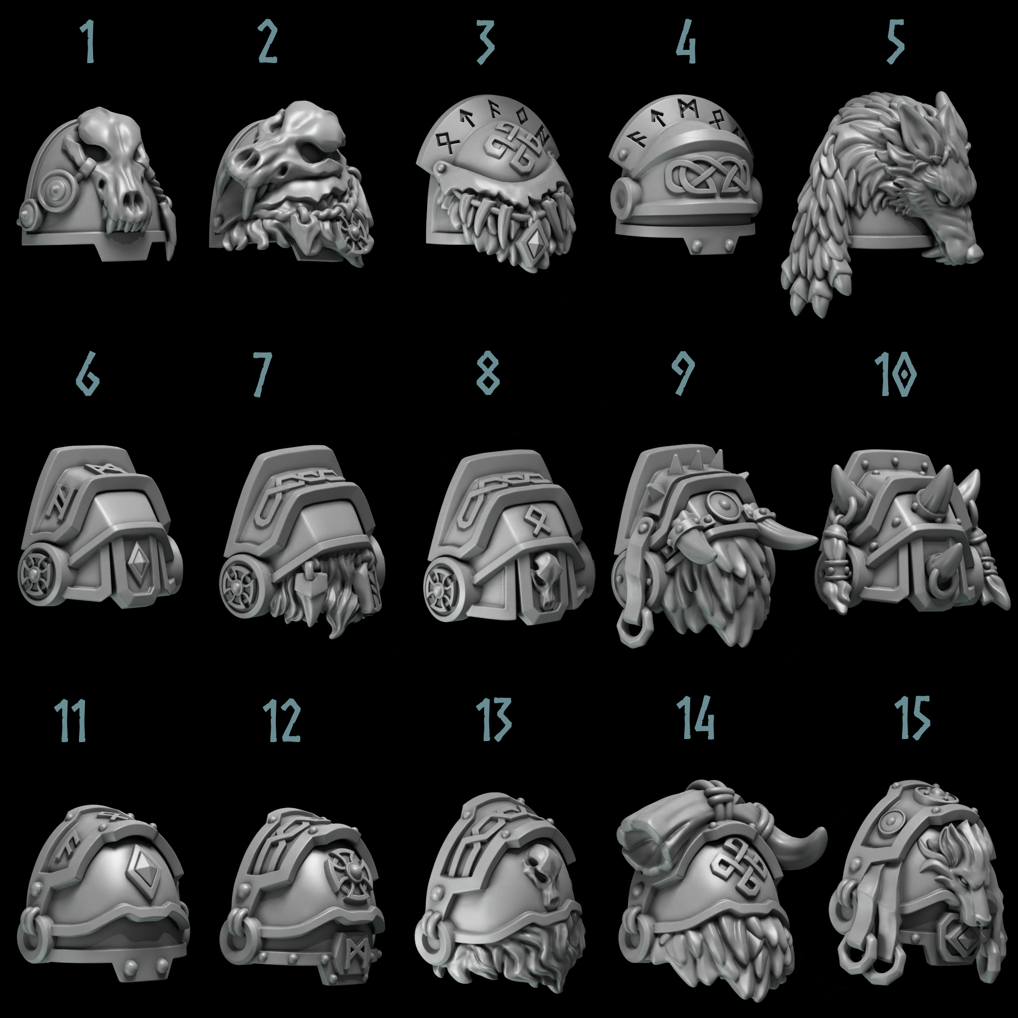 a collection of 15 different helmet designs, each with unique features and styles.