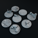 nine circular objects, each with a different design or texture, arranged on a dark background.