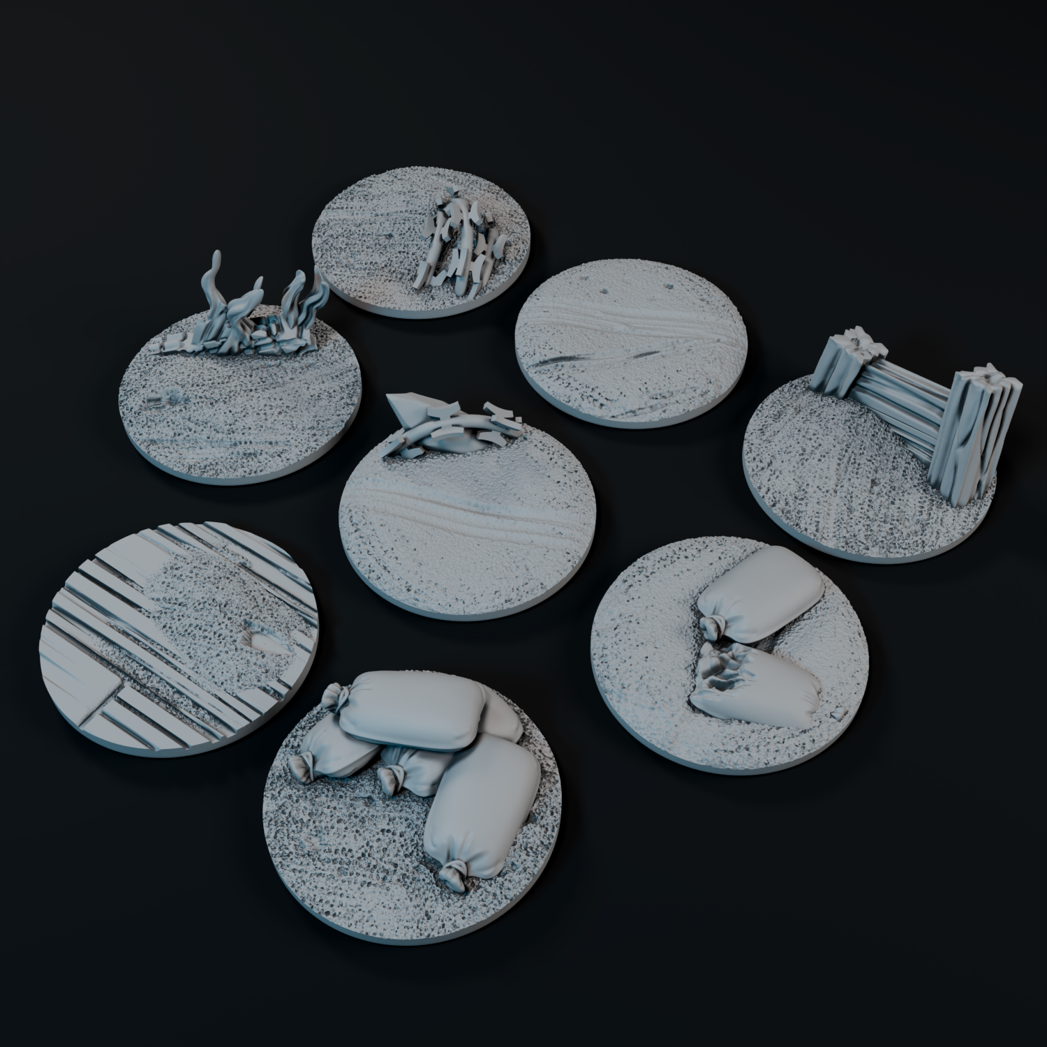 nine circular objects, each with a different design or texture, arranged on a dark background.