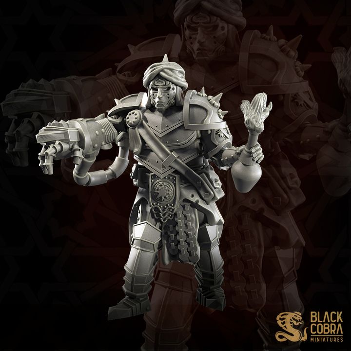 A detailed 3D model of a futuristic warrior figure, with intricate armor and weapons, set against a dark background.
